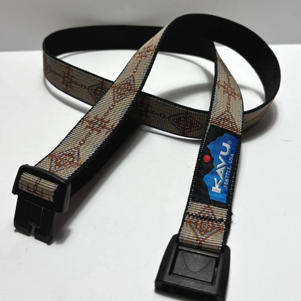 KAVU Burly Belt Tan Brown Geometric Webbing Outdoor Buckle Hiking Camping
